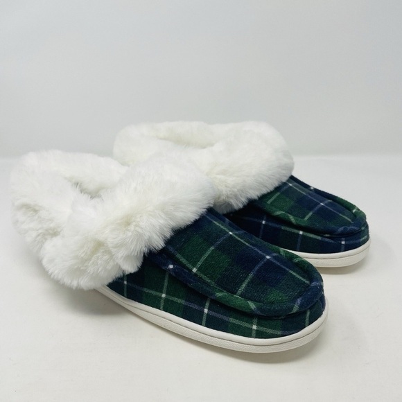 Charter Club Shoes - Charter Club Green Plaid Slippers with White Fur